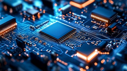 Fototapeta premium Detailed view of a modern microchip on a blue circuit board background : Generative AI