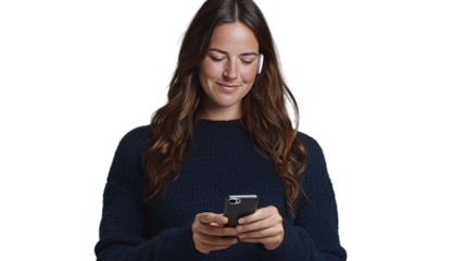 a young woman in a blue sweater holding a mobile phone in her hands and listening to music on a transparent background, PNG image, PNG file, Generative art.