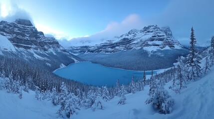 Snowy mountain lake sunrise panorama, winter wonderland (2)