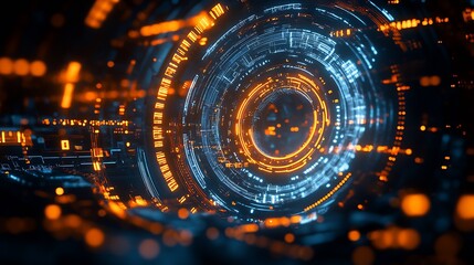 Obraz premium Innovative Digital Technology Hologram with Dynamic Blue and Orange Schematics : Generative AI