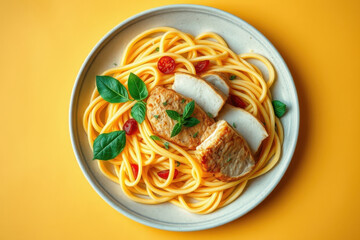 Vibrant Food Photography of Grilled Chicken with Spaghetti Pasta Garnished with Fresh Basil and Cherry Tomatoes on a Bright Yellow Background in a Modern Digital Art Style