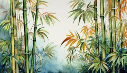 Exotic Tropical Bamboo Mural Vibrant Watercolor Artwork Embracing a Lush Rainforest Scene, Perfect for Adding Natural Elegance to Any Room
