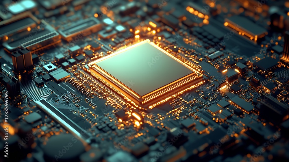 Poster Modern Circuit Board with Shining Microprocessor and Detailed Components : Generative AI