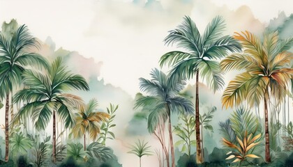 Vibrant Watercolor Tropical Scenery Tall Painted Trees in a Lush, Exotic Wall Mural, Perfect for Artistic Wallpaper Backgrounds and Tropical Themed Interior Design.