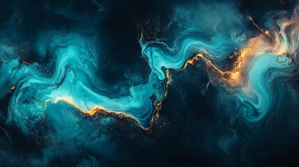 Abstract Teal and Gold Swirls  Fluid Art  Marble Texture  Deep Ocean Background