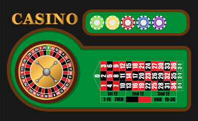 Casino Illustration with Roulette and Gambling Chips. Vector