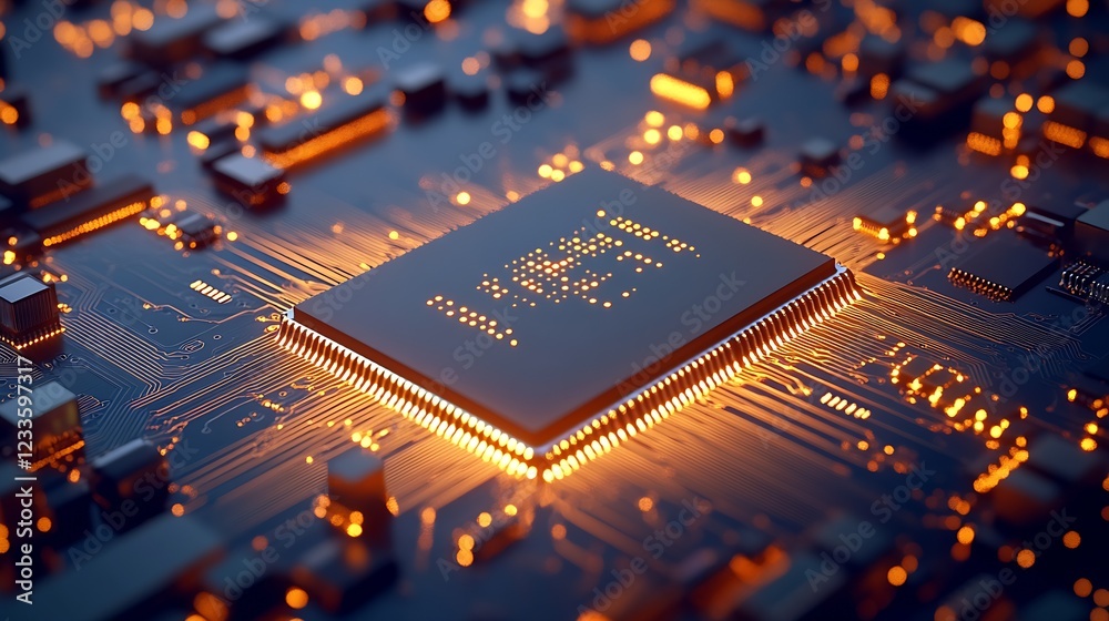 Poster Cutting Edge Microprocessor on Tech Circuit Board with Bright Illuminated Pathways : Generative AI