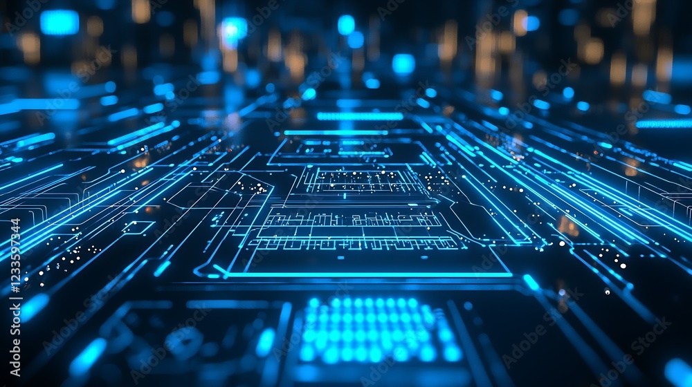 Poster High Tech Circuit Board with Glowing Blue Elements Showcasing Innovation in Electronics : Generative AI
