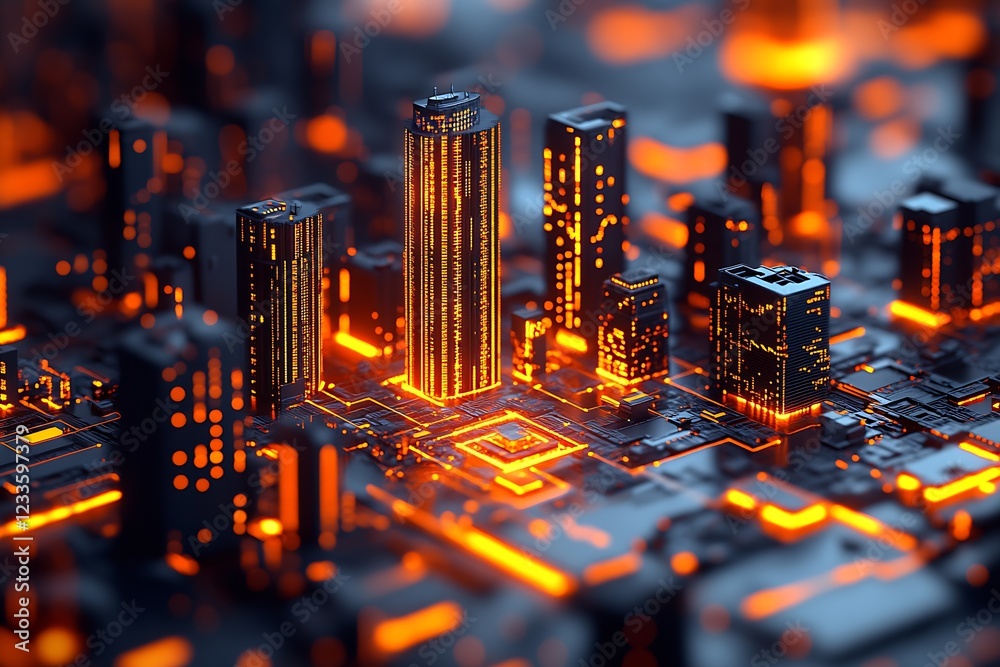 Poster microchip city skyline symbolizing technological evolution and smart city development : generative a