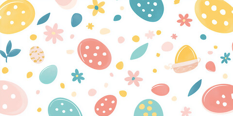 Osterthema mit sich wiederholenden Elementen wie Ostereiern, Hasen, Blumen und K&ouml;rben. Spielen Sie mit runden Formen und weichen Kurven, verspielt und fr&ouml;hlich sein, ideal f&uuml;r Osterdekoration, Geschen