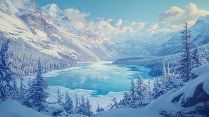 Frozen lake, snow-capped mountains, winter landscape, serene scene, nature photography