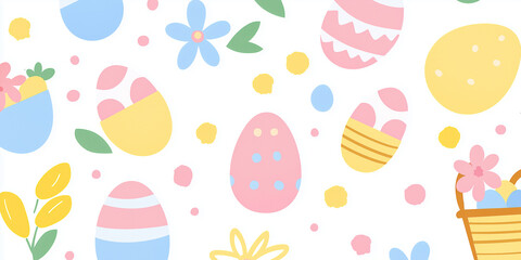 Osterthema mit sich wiederholenden Elementen wie Ostereiern, Hasen, Blumen und Körben. Spielen Sie mit runden Formen und weichen Kurven, verspielt und fröhlich sein, ideal für Osterdekoration, Geschen