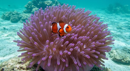 Poisson-clown se réfugiant dans une anémone de mer mauve. Photo de stock pour la faune marine, les récifs coralliens, les animaux et la biologie.