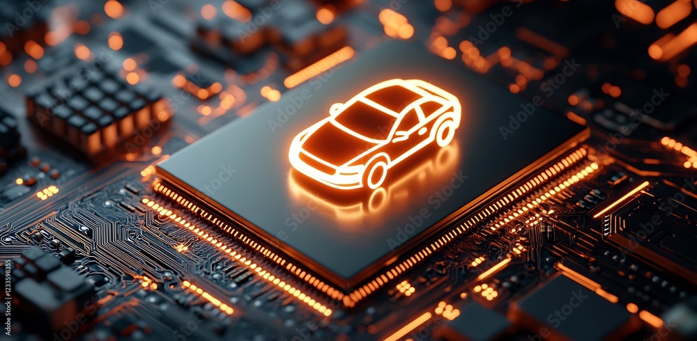Aufkleber glowing car illustration on cutting-edge microchip platform in tech industry focus : generative ai