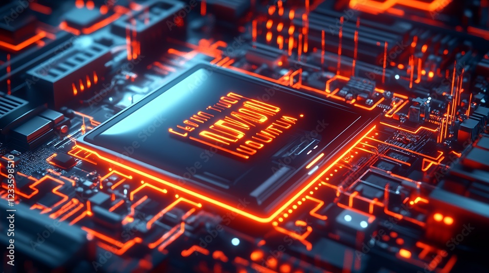 Fototapete Advanced Electronic Circuitry with Neon Orange Lights on a Microprocessor Surface : Generative AI