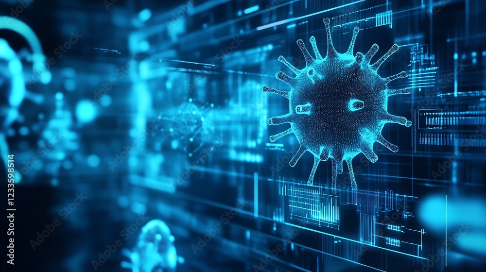 Poster abstract blue collage of virus structures and data sequences for medical innovation : generative ai