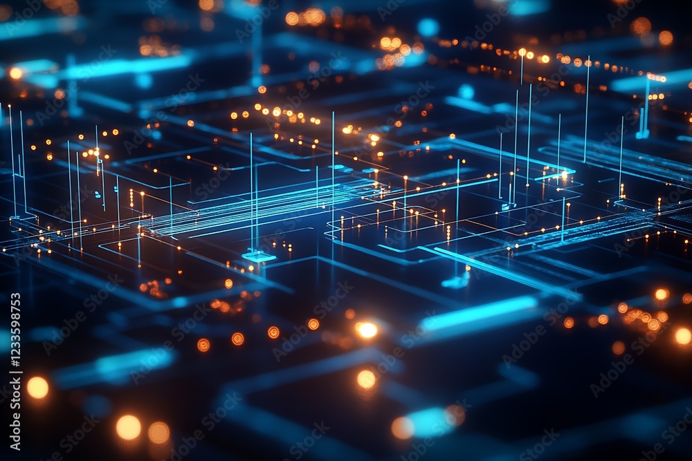 Poster Neon Lit Futuristic Circuit Network Simulating Digital Connectivity : Generative AI