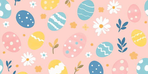 Osterthema mit sich wiederholenden Elementen wie Ostereiern, Hasen, Blumen und K&ouml;rben. Spielen Sie mit runden Formen und weichen Kurven, verspielt und fr&ouml;hlich sein, ideal f&uuml;r Osterdekoration, Geschen