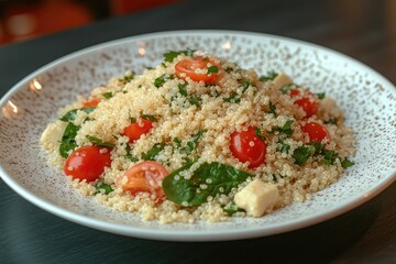 Quinoa salad with cherry tomatoes and cheese. Restaurant food photography