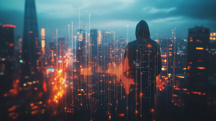 Obraz premium Hacker are planning to hack and attack networks and cyber security , innovative Smart city and graphs with statistics to analyze business potential and predict future developments in company growth.