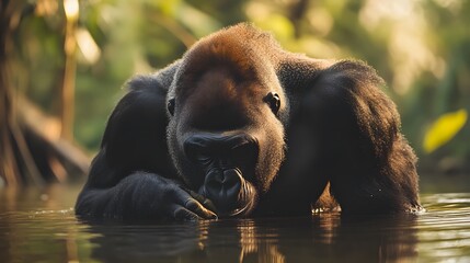 Gorilla View of a drinking water from a lake