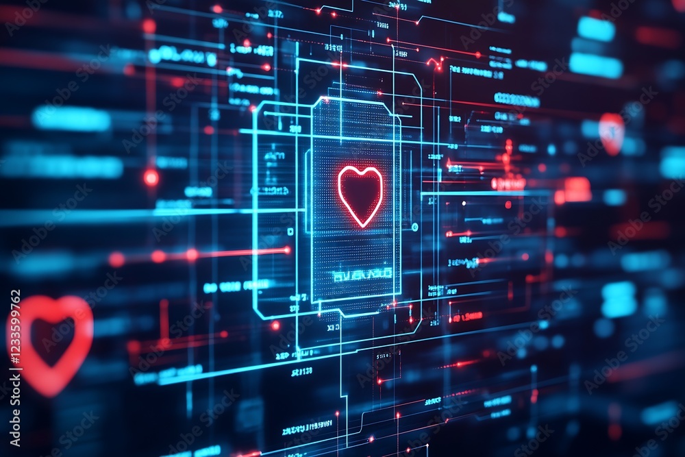 Aufkleber Digital Heart Icon in Futuristic Data Network Visualization : Generative AI
