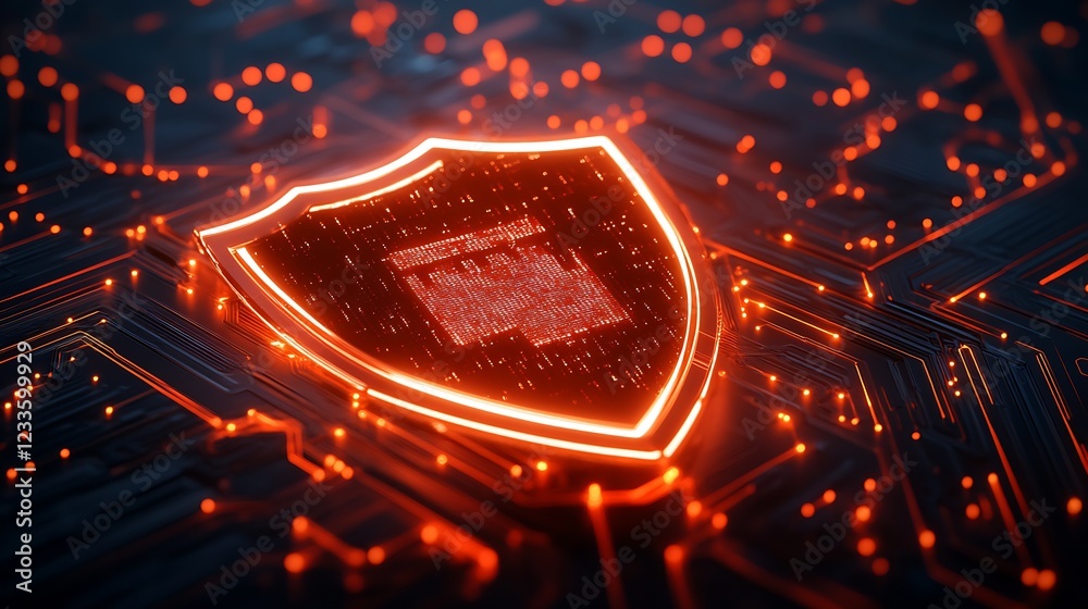 Aufkleber Bright Red Cyber Shield Icon on Electronic Data Circuit Background : Generative AI