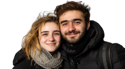 a young man and woman in love pose for a picture on a transparent background, while the man is smiling for the camera PNG image, PNG file, Generative art.