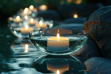 A serene arrangement of floating candles in clear glass bowls, surrounded by soft reflections and warm ambient lighting.