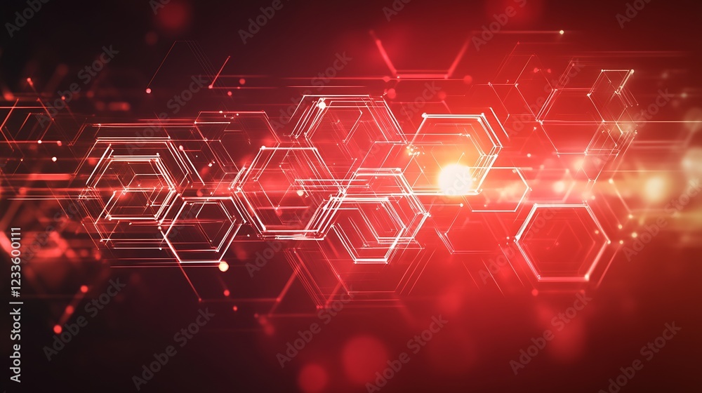 Fototapete Dynamic Red Hexagon Technology Background with Light Streaks and Digital Effects : Generative AI
