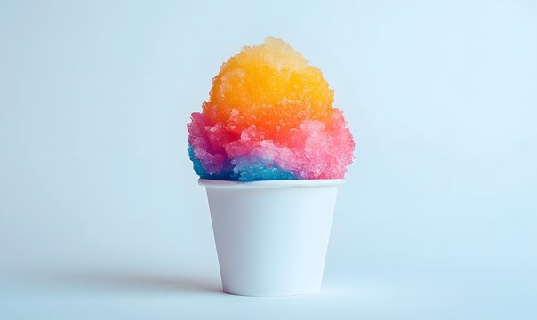 colorful shaved ice snowcone in a white paper cup. Generative AI