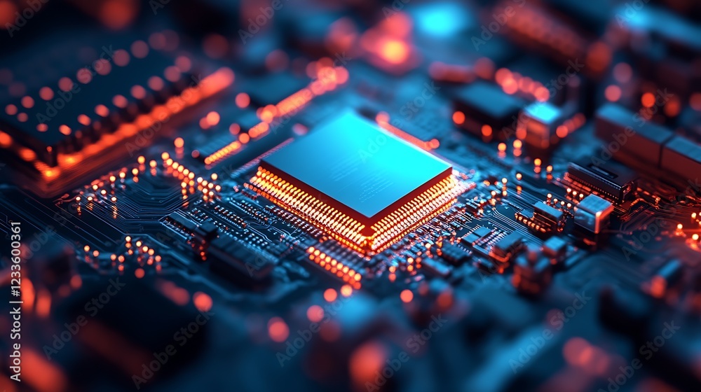 Poster Advanced Blue Circuit Board with Glowing Semiconductor for Computing Solutions : Generative AI