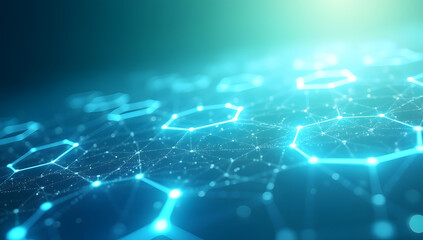 Obraz premium Digital network connection background. Features glowing hexagonal grid patterns and interconnected lines. Abstract technology illustration for data, AI, and global communication concepts.