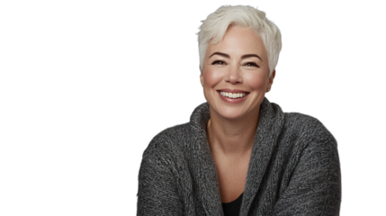 a woman with white hair and a grey sweater smiles at the camera PNG image, PNG file, Generative art.