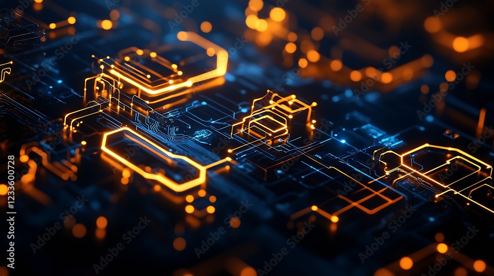 Poster Abstract High-Tech Microchip Circuitry with Glowing Orange Pathways and Blue Background : Generative AI