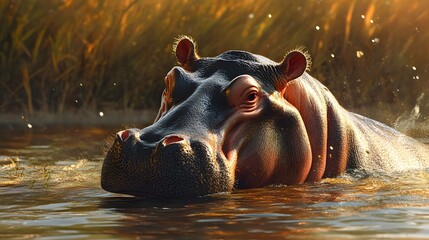 Fototapeta premium Hippopotamuse portrait in the warm light