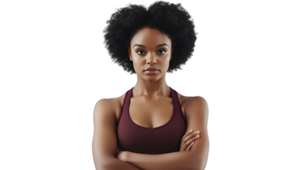 3d illustration of a beautiful young woman with curly hair standing with her arms crossed on a transparent background, PNG image, PNG file, Generative art.