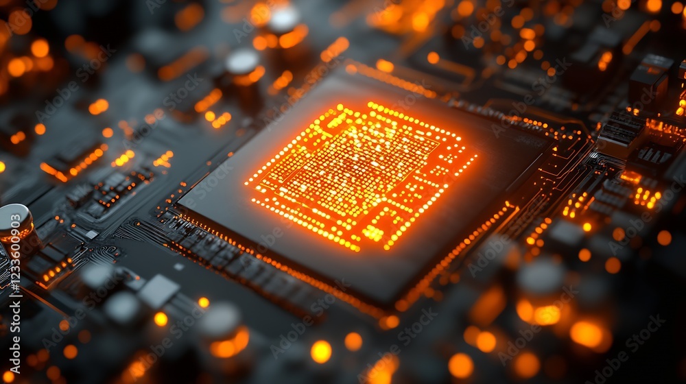 Aufkleber intricate electronic circuit board with illuminated chip and orange neon glows : generative ai