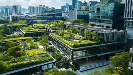 Aerial view of modern green architecture in an urban setting with lush rooftop gardens