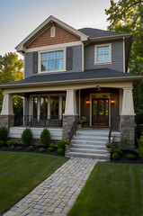 Obraz premium Luxury Craftsman Home Exterior: Gray Siding, Stone Accents, and Landscaped Yard