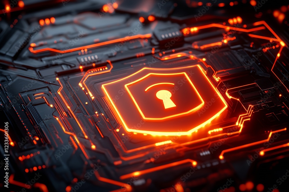 Poster Digital Security Concept with Bright Shield and Modern Circuit Design : Generative AI