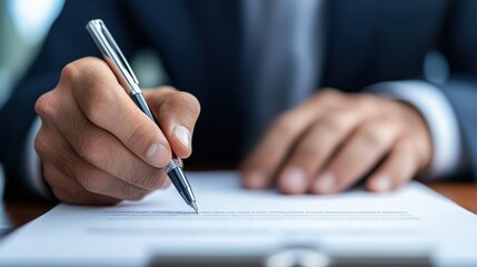 Close-up of Hand Holding Pen Writing on Document in Office Setting