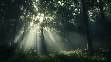 Obraz premium Sunlight filters through a dense forest, creating a serene and mystical atmosphere.