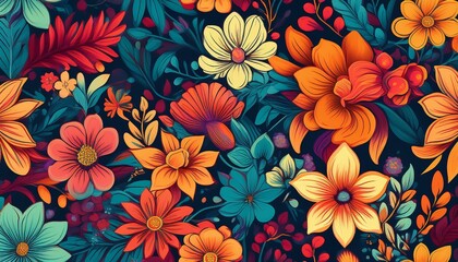 カラフルなの花柄の背景。AIで生成	