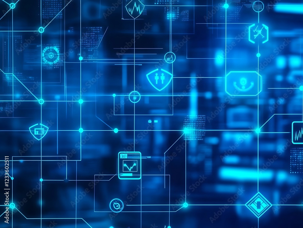 Poster futuristic blue digital connections network interface with holographic symbols : generative ai