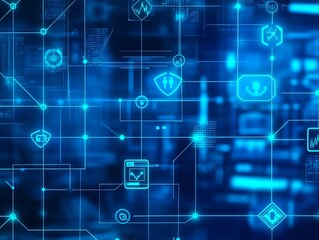 Futuristic blue digital connections network interface with holographic symbols : Generative AI