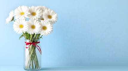 Fototapeta premium White daisies in glass jar, blue background, copy space, greeting card
