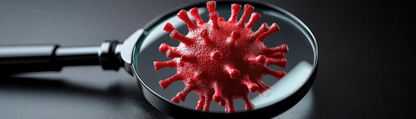 Virus under magnifying glass, dark background, research
