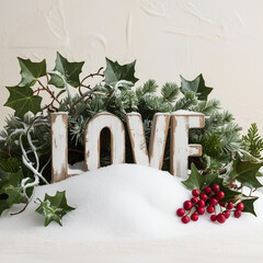 A Christmas tree toy in the form of a heart hangs on a branch covered with snow.