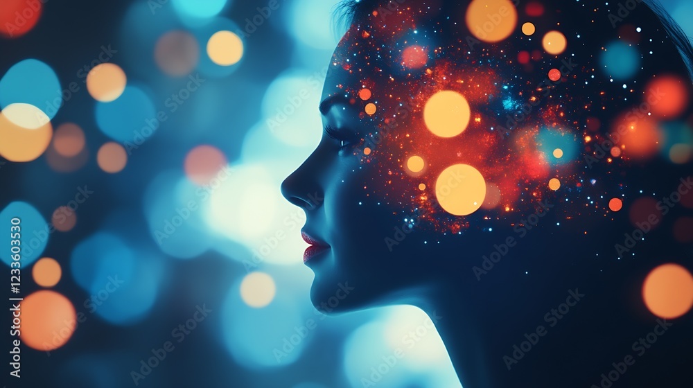 Poster side view of woman with cosmos inspired light face on abstract blurred background : generative ai